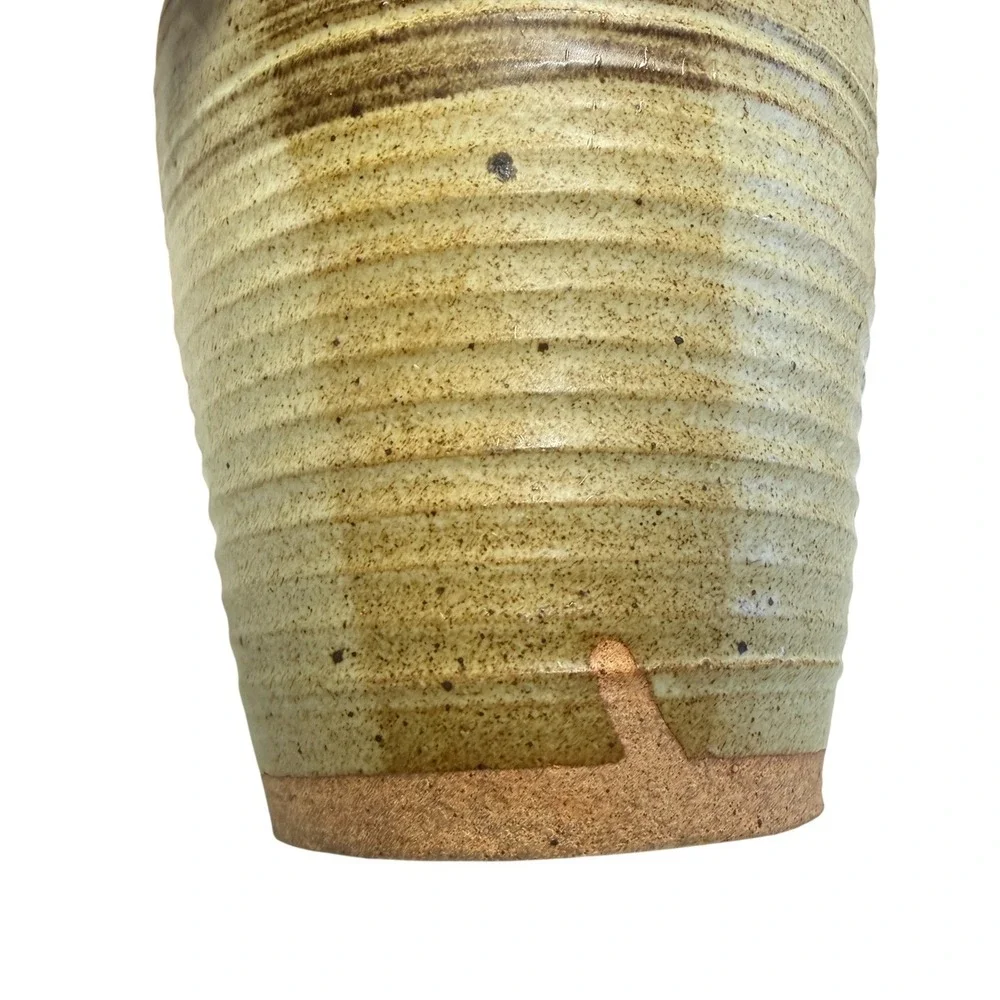 Vintage Studio Pottery Stoneware Vase Hand Carved Ribbed Earth Tones Signed 11in